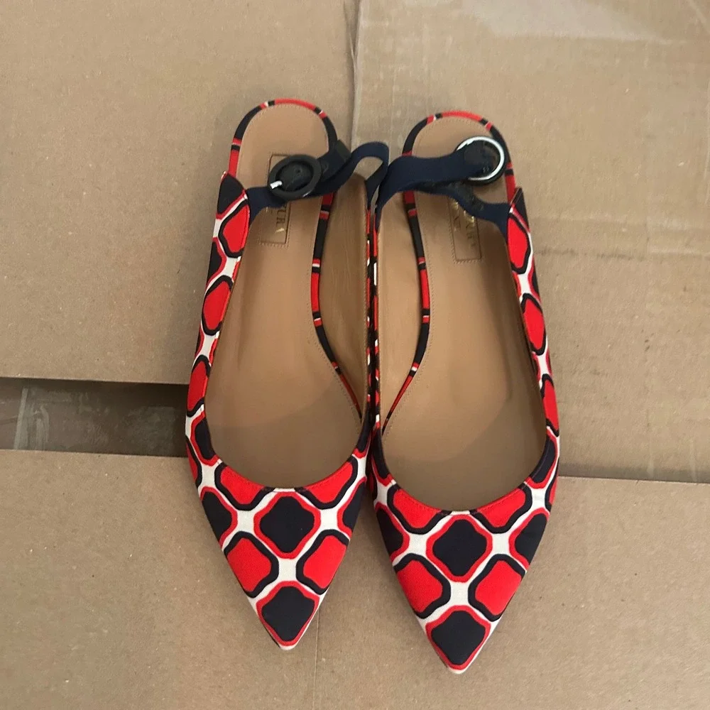 Aquazzura Firenze Geometric Print Slingback Flats Red Black White Size 38